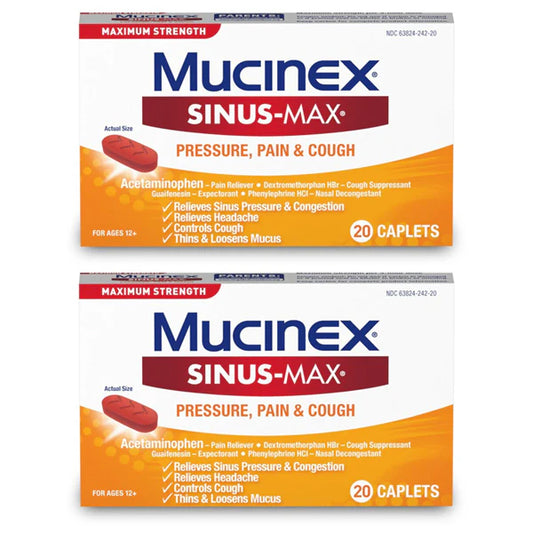 Get fast relief from sinus pressure, pain, and cough with the 2 Pack Mucinex Sinus-Max for Pressure Pain & Cough—each box contains 20 caplets. Trusted Mucinex formula ideal for congestion when you need it most.