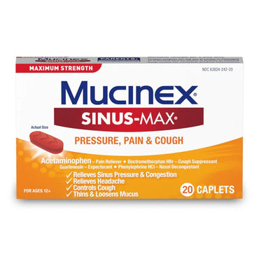 2 Pack of Mucinex Sinus-Max for Pressure, Pain & Cough Relief, 20 caplets each—maximum strength congestion and sinus pressure relief.