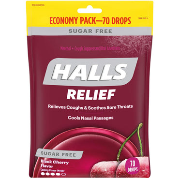 5 Pack - HALLS Relief Sugar Free Black Cherry Flavor Cough Drops 70 Count