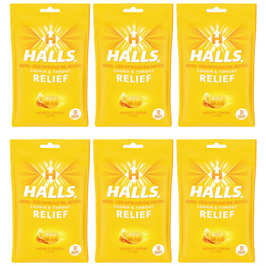6 Pack - HALLS Relief Honey Lemon Cough Drops 30 Count