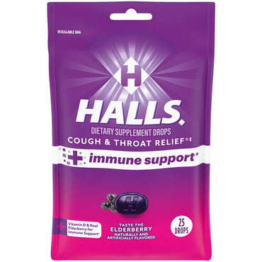 6 Pack - HALLS Cough and Throat Relief + Immune Support Elderberry Cough Drops 25 Count Each