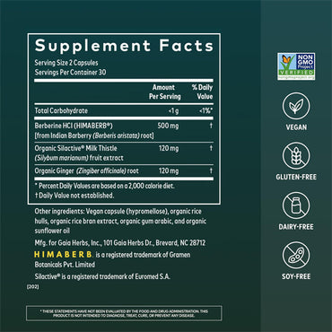 Gaia Herbs Berberine & Milk Thistle Liver Support 60 Vegan Capsules