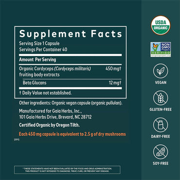 Gaia Herbs Cordyceps Mushroom Energy Support 40 Vegan Capsules