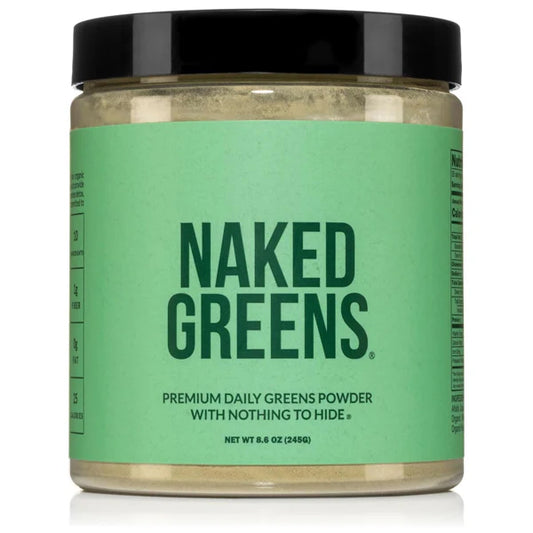 A clear jar with a black lid labeled Naked Nutrition, containing Naked Super Greens Powder Organic Greens Supplement, net weight 8.6 oz (245 g).
