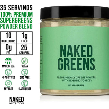 A jar of Naked Nutrition’s Naked Super Greens Powder Organic Greens Supplement 8.6oz offers 35 servings, 10 ingredients, 1g fiber, 0g fat, and 25 calories per serving; it’s vegan, non-GMO, additive-free, soy free, and gluten free.