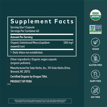 Gaia Herbs Maca Root Caffeine-Free Energy Supplement 60 Vegan Capsules