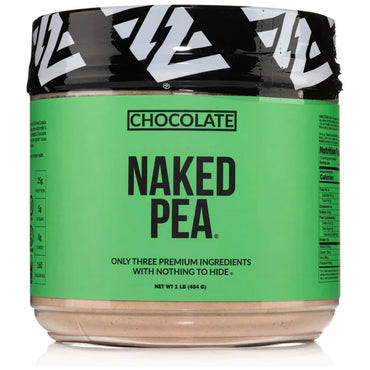 A 2 Pack of Naked Nutrition Chocolate Pea Protein Isolate 1LB, featuring a green label with product name, chocolate flavor, ingredients note, and nutrition information.