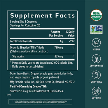 Gaia Herbs Milk Thistle Liver Supplement 60 Vegan Capsules