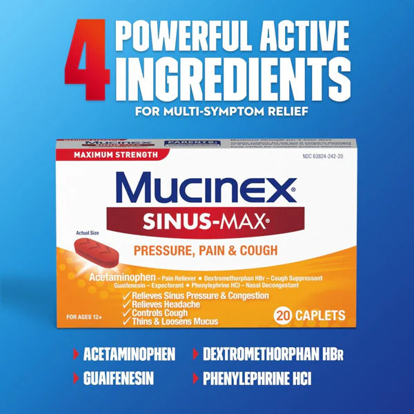 A 2 Pack of Mucinex Sinus-Max for Pressure, Pain & Cough (20 count each) sits on a blue background, providing powerful relief from sinus pressure and congestion.