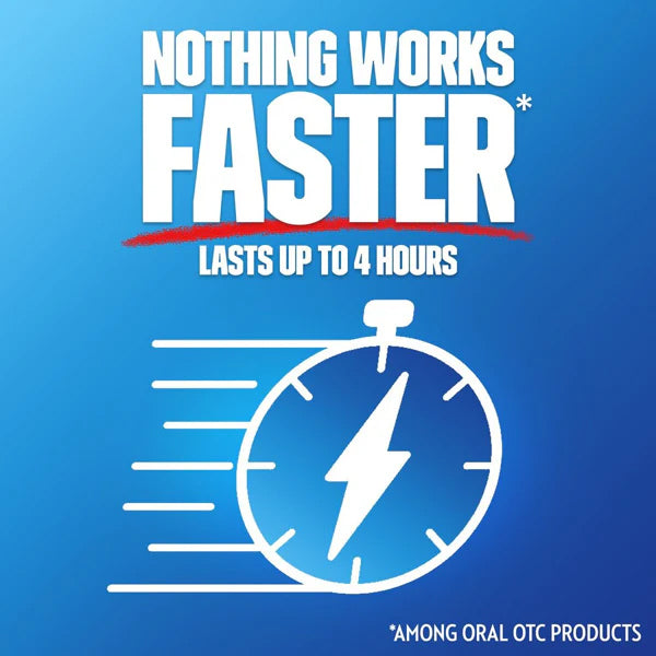 White text on blue reads Nothing works faster, lasts up to 4 hours above a stopwatch with lightning bolt. Fine print: among oral OTC products. Get congestion relief with Mucinex Sinus-Max for Pressure Pain & Cough, 2 Pack (20 count each).
