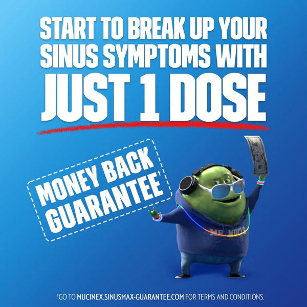 Advertisement for 2 Pack - Mucinex Sinus-Max for Pressure Pain & Cough (20 Count Each) shows congestion and sinus symptom relief with one dose, money back guarantee, and a cartoon character holding cash. Brand: Mucinex.