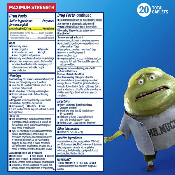 Drug facts label for 2 Pack - Mucinex Sinus-Max for Pressure Pain & Cough (20 Count Each) by Mucinex, featuring sinus pressure relief and a green cartoon character in a Mr. Mucus shirt on the right side.