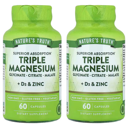 2 Pack - Nature's Truth, Triple Magnesium + D3 & Zinc, 60 Capsules Each