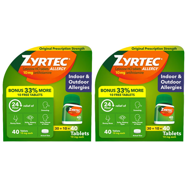 2 Pack - Zyrtec 24 Hour Allergy Relief Tablets, 40 Count Bonus Pack