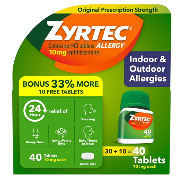 2 Pack - Zyrtec 24 Hour Allergy Relief Tablets, 40 Count Bonus Pack