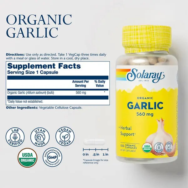 2 Pack - Solaray Organic Garlic Pills 560 mg Garlic Supplements 100 VegCaps Solaray