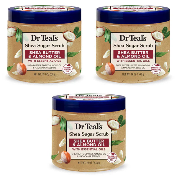 A 3 Pack of Dr Teals Shea Sugar Scrub with Butter & Almond Oil (19oz each) is arranged in a triangle on a white background—ideal for exfoliating and smoothing skin.