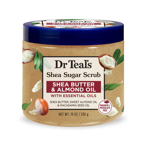 Get a 3 pack of Dr Teals Shea Sugar Scrub with Butter & Almond Oil, 19 oz each—paraben & phthalate free, enriched with essential oils to exfoliate and smooth your skin.