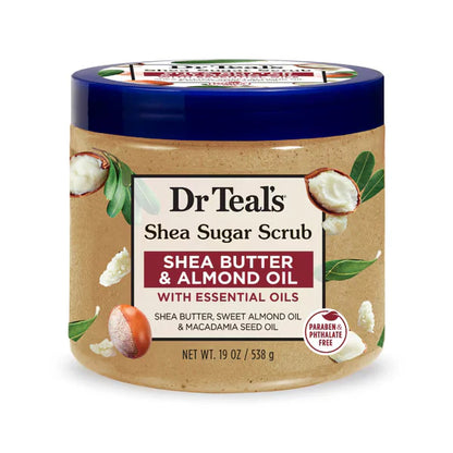 Get a 3 pack of Dr Teals Shea Sugar Scrub with Butter & Almond Oil, 19 oz each—paraben & phthalate free, enriched with essential oils to exfoliate and smooth your skin.