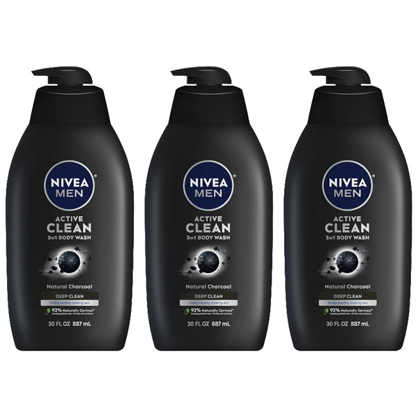 3 Pack - NIVEA Men Active Clean 3-in-1 Natural Charcoal Body Wash 30oz