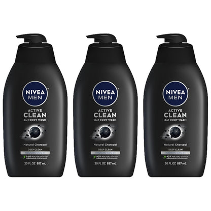 3 Pack - NIVEA Men Active Clean 3-in-1 Natural Charcoal Body Wash 30oz