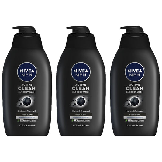 3 Pack - NIVEA Men Active Clean 3-in-1 Natural Charcoal Body Wash 30oz