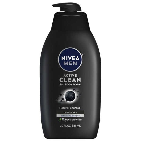 3 Pack - NIVEA Men Active Clean 3-in-1 Natural Charcoal Body Wash 30oz