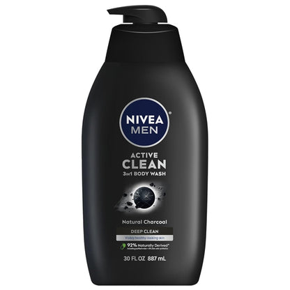 3 Pack - NIVEA Men Active Clean 3-in-1 Natural Charcoal Body Wash 30oz