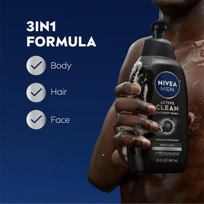 3 Pack - NIVEA Men Active Clean 3-in-1 Natural Charcoal Body Wash 30oz