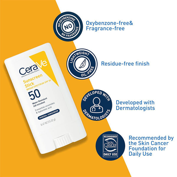 3 Pack - CeraVe Mineral Sunscreen Stick SPF 50 Broad Spectrum 0.47oz