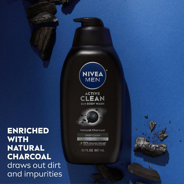 3 Pack - NIVEA Men Active Clean 3-in-1 Natural Charcoal Body Wash 30oz