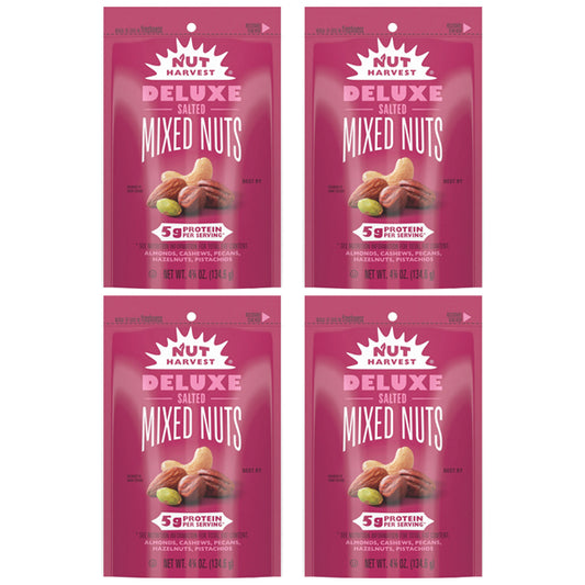 4 Pack - Nut Harvest Deluxe Salted Mixed Nuts Trail Mix 5g Protein 4.75oz