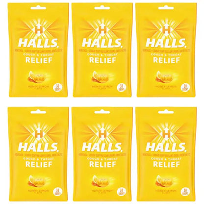 6 Pack - HALLS Relief Honey Lemon Cough Drops 30 Count Halls