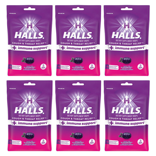 6 Pack - HALLS Cough and Throat Relief + Immune Support Elderberry Cough Drops 25 Count Each