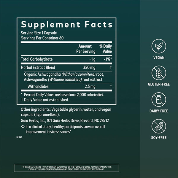 Gaia Herbs Ashwagandha Root 350 mg Sleep Support 60 Vegan Capsules