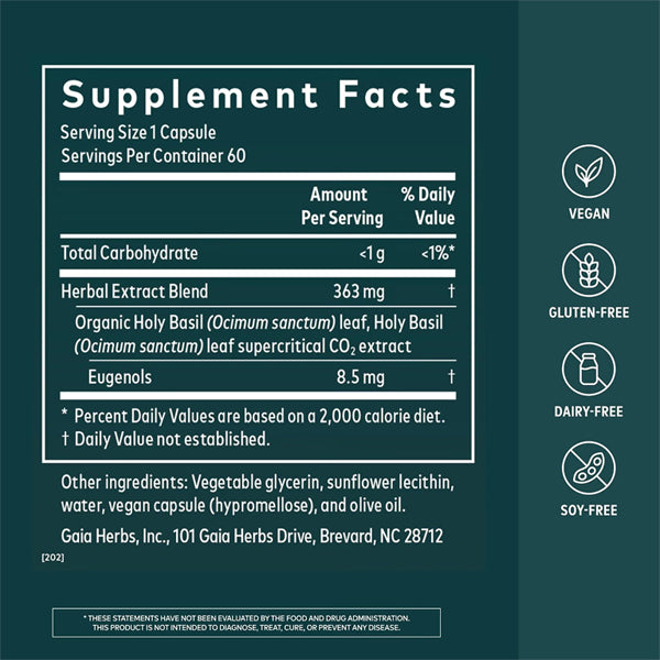 Gaia Herbs Holy Basil Leaf for Stress Support 60 Vegan Capsules