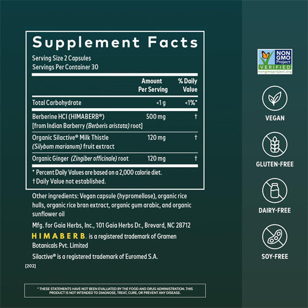 Gaia Herbs Berberine & Milk Thistle Liver Support 60 Vegan Capsules