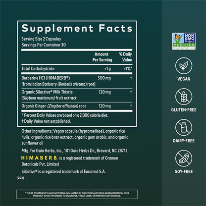 Gaia Herbs Berberine & Milk Thistle Liver Support 60 Vegan Capsules
