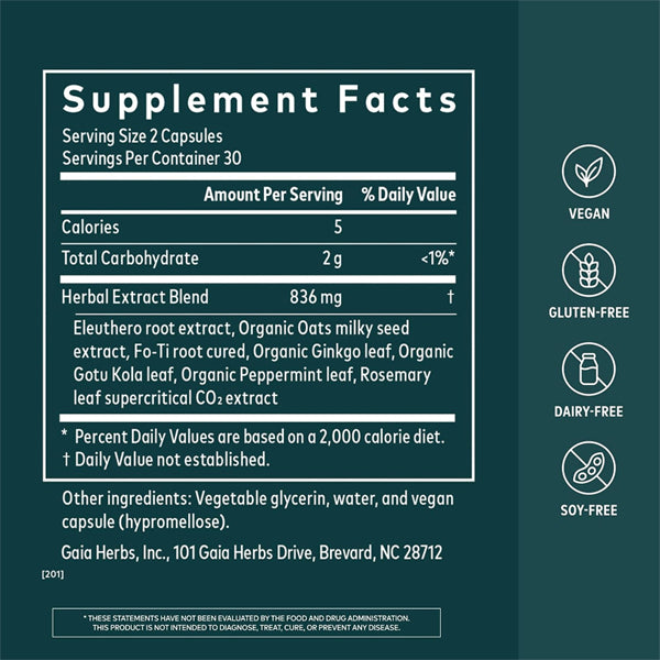 Gaia Herbs Mental Alertness Brain Support Supplement 60 Vegan Capsules
