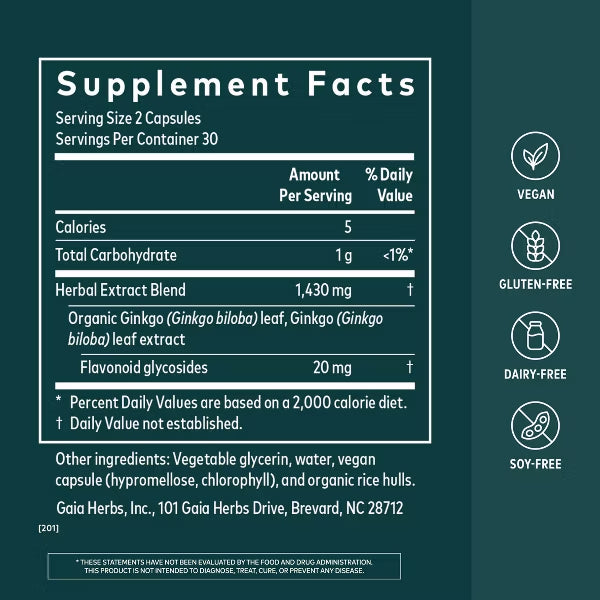 Gaia Herbs Ginkgo Leaf Brain Function Supplement 60 Vegan Capsules