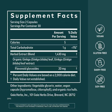 Gaia Herbs Ginkgo Leaf Brain Function Supplement 60 Vegan Capsules