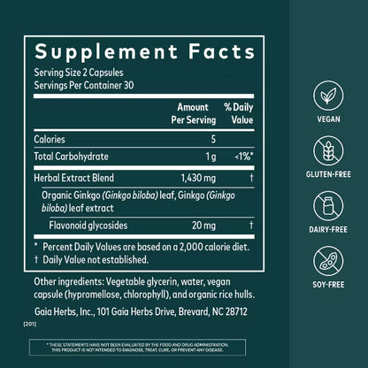 Gaia Herbs Ginkgo Leaf Brain Function Supplement 60 Vegan Capsules