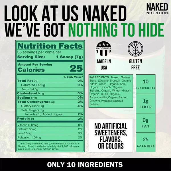 Naked Nutrition’s Naked Super Greens Powder Organic Greens Supplement (8.6oz) is gluten-free, made in the USA, with 10 ingredients, 1g fiber, 25 calories per serving, and no artificial additives. Nutrition facts highlighted on label.