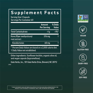 Gaia Herbs Kava Root Relaxation Support 60 Vegan Capsules