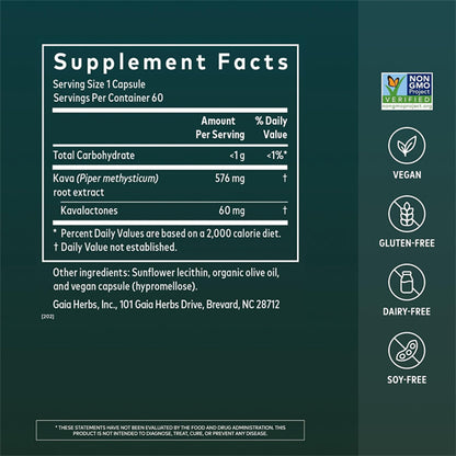 Gaia Herbs Kava Root Relaxation Support 60 Vegan Capsules