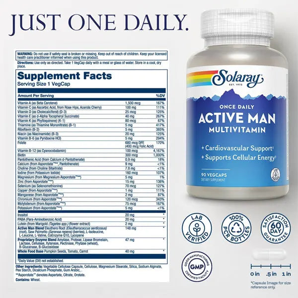 Solaray Once Daily Active Man Multivitamin Supplement 90 VegCaps Solaray