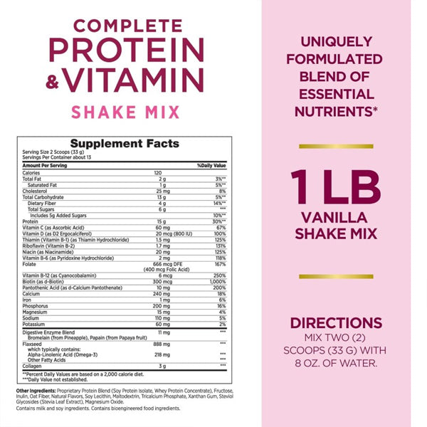 Nature's Bounty Optimal Solutions Complete Protein & Vitamin Shake Mix Vanilla 16oz