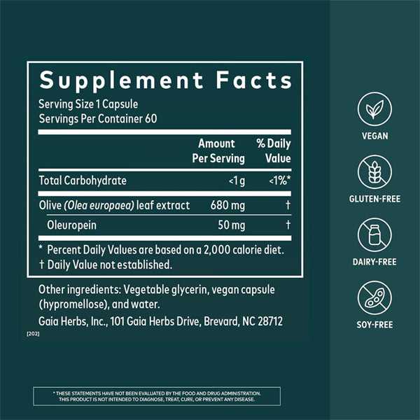 Gaia Herbs Olive Leaf Immune Support Supplement 60 Vegan Capsules