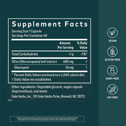 Gaia Herbs Olive Leaf Immune Support Supplement 60 Vegan Capsules