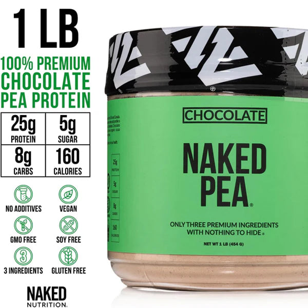 A 2 Pack of Naked Nutrition Chocolate Pea Protein Isolate (1LB each) offers 25g protein and 5g sugar per serving. Made from premium yellow pea protein, its non-GMO, soy-free, vegan, and has clear nutrition facts displayed.